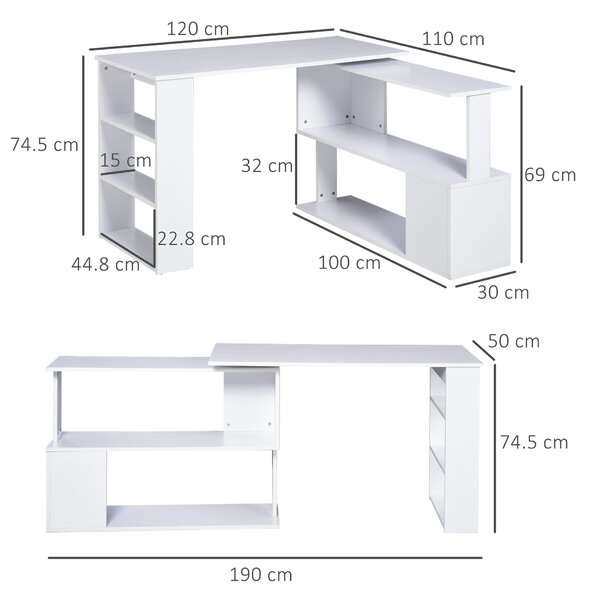 HOMCOM Corner Computer Desk, L Shaped Desk with 360° Rotating Bookshelf, 120L x 110W x 74.5H cm, White