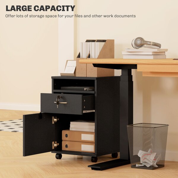 HOMCOM 60cm Storage Cabinet with Drawer, Open Shelf, Metal Handles and 4 Wheels, Office Home Organiser Mobile Printer, Black Aosom UK