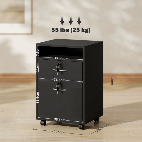 HOMCOM 60cm Storage Cabinet with Drawer, Open Shelf, Metal Handles and 4 Wheels, Office Home Organiser Mobile Printer, Black Aosom UK