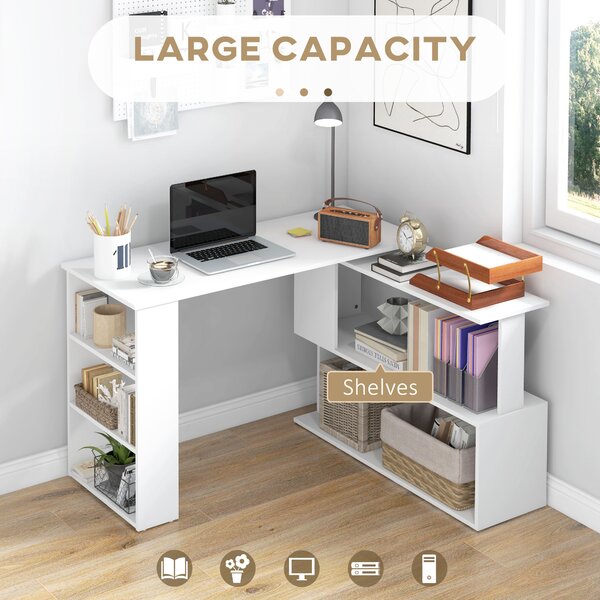 HOMCOM Corner Computer Desk, L Shaped Desk with 360° Rotating Bookshelf, 120L x 110W x 74.5H cm, White