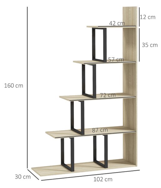 HOMCOM 5-Tier Bookcase, Wooden Ladder Bookshelf Display Stand, Oak