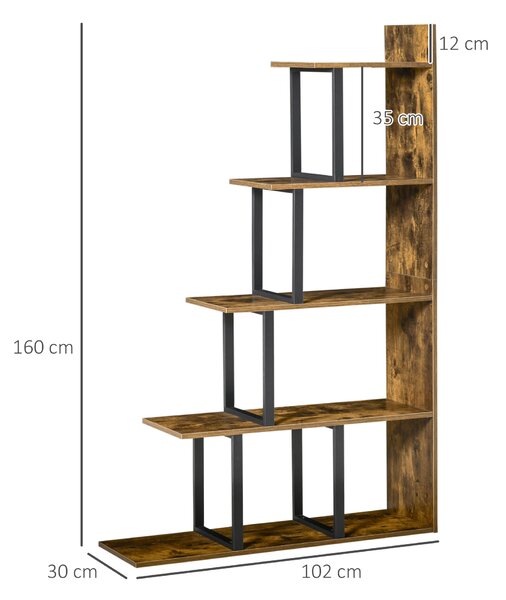 HOMCOM 5-Tier Bookcase, Wooden Ladder Bookshelf Display Stand, Rustic Brown
