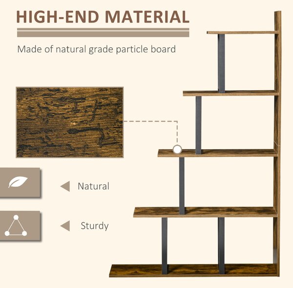 HOMCOM 5-Tier Bookcase, Wooden Ladder Bookshelf Display Stand, Rustic Brown