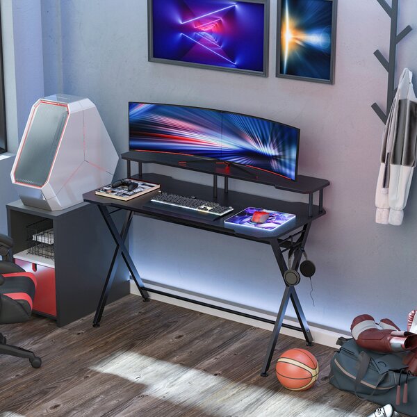 HOMCOM Gaming Computer Desk, Racing Table Workstation, Headphone Hook, Curved Front, Adjustable Feet, for Home Office Use, Black. Aosom UK