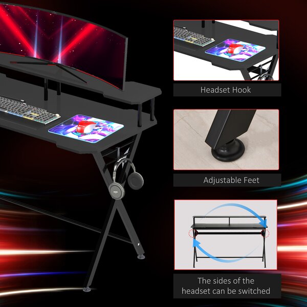 HOMCOM Gaming Computer Desk, Racing Table Workstation, Headphone Hook, Curved Front, Adjustable Feet, for Home Office Use, Black. Aosom UK