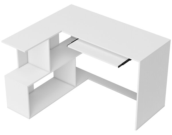 HOMCOM L-Shaped Corner Desk, Computer Desk with Keyboard Tray and Open Shelves, White Wood Effect