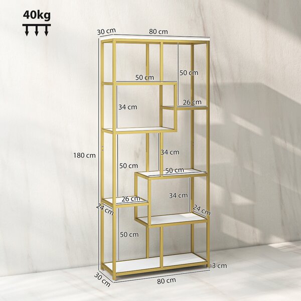 HOMCOM Seven-Tier Geometric Bookcase - White/Gold Tone
