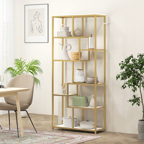 HOMCOM Seven-Tier Geometric Bookcase - White/Gold Tone