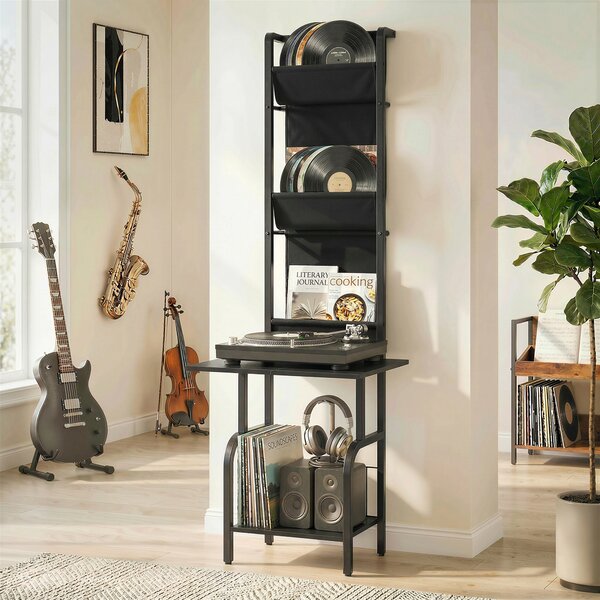 HOMCOM Vinyl Record Player Stand Record Storage with Player Stand Oxford Fabric Pockets Bottom Shelf, Black