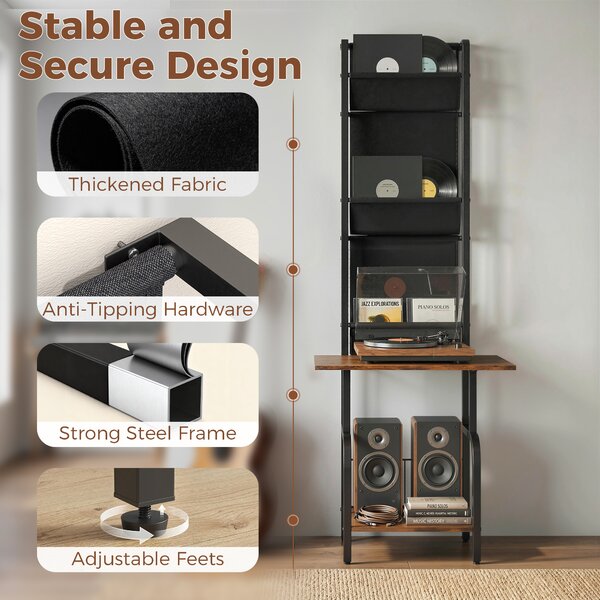 HOMCOM Vinyl Record Player Stand Record Storage with Player Stand Oxford Fabric Pockets Bottom Shelf Rustic Brown and Black
