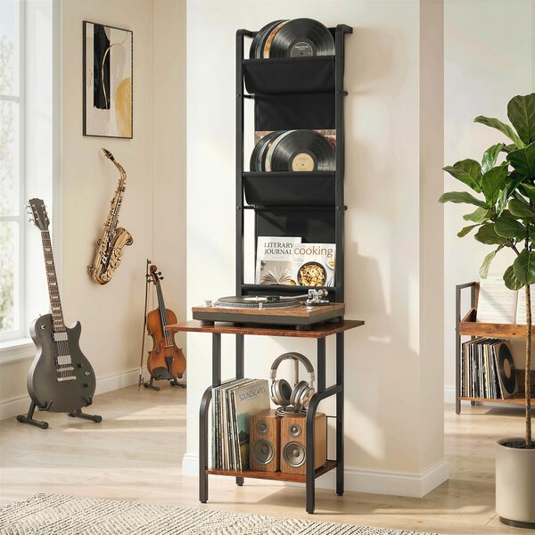 HOMCOM Vinyl Record Player Stand Record Storage with Player Stand Oxford Fabric Pockets Bottom Shelf Rustic Brown and Black
