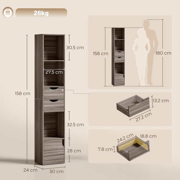 HOMCOM Bookcase with Drawers Adjustable Shelf Bookshelf with 2 Drawers and Cabinet 158 cm Grey