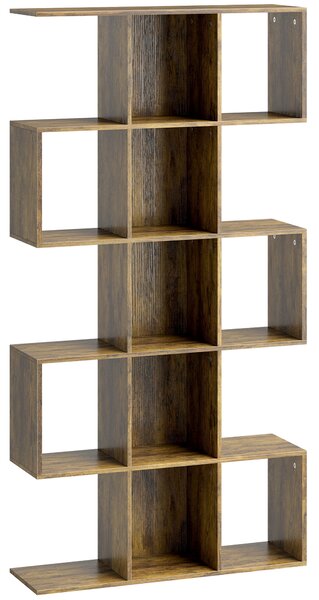 HOMCOM 5-Tier Bookshelf, S Shaped Geometric Bookcase with 15 Compartments, Rustic Brown