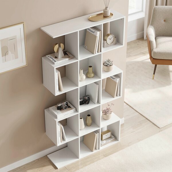 HOMCOM 5-Tier Bookshelf, S Shaped Geometric Bookcase with 15 Compartments, White Wood Effect
