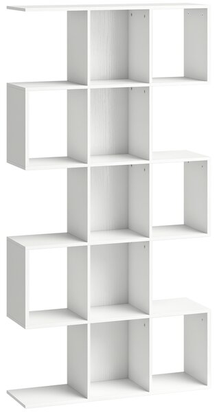 HOMCOM 5-Tier Bookshelf, S Shaped Geometric Bookcase with 15 Compartments, White Wood Effect