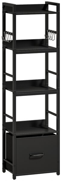 HOMCOM 4-Tier Bookshelf, Narrow Bookcase with Drawer, 8 Hooks, Metal Frame, Black