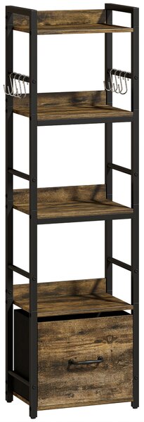 HOMCOM 4-Tier Bookshelf, Narrow Bookcase with Drawer, 8 Hooks, Metal Frame, Rustic Brown