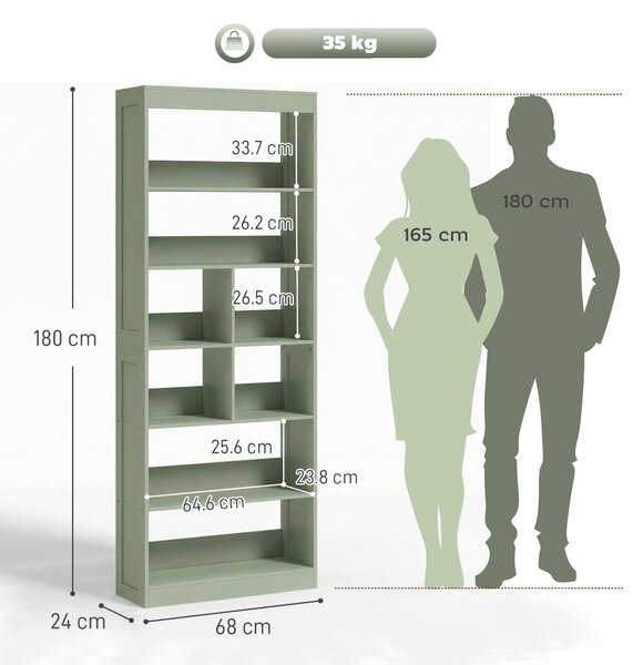 HOMCOM Bookcase, 6-Tier Bookshelf with Open Storage Shelves, Cubes, 180 cm Tall Display Shelf with Anti-Tipping Design, Green