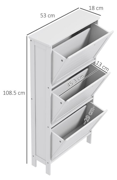 HOMCOM Narrow Shoe Cabinet with 3 Flip Drawers - White
