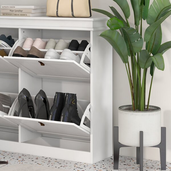 HOMCOM Slim Shoe Cabinet, Shoe Cabinet with 4 Drop-Down Drawers, 105W x 24D x 82.5H cm, White