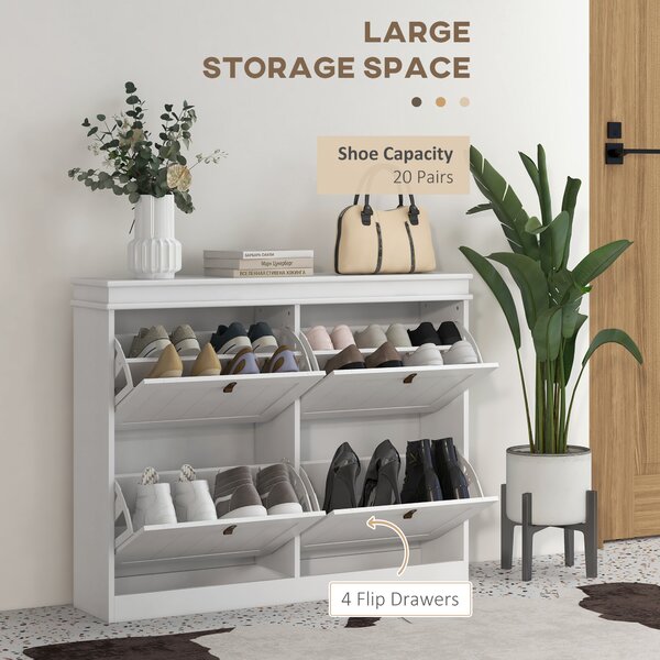 HOMCOM Slim Shoe Cabinet, Shoe Cabinet with 4 Drop-Down Drawers, 105W x 24D x 82.5H cm, White
