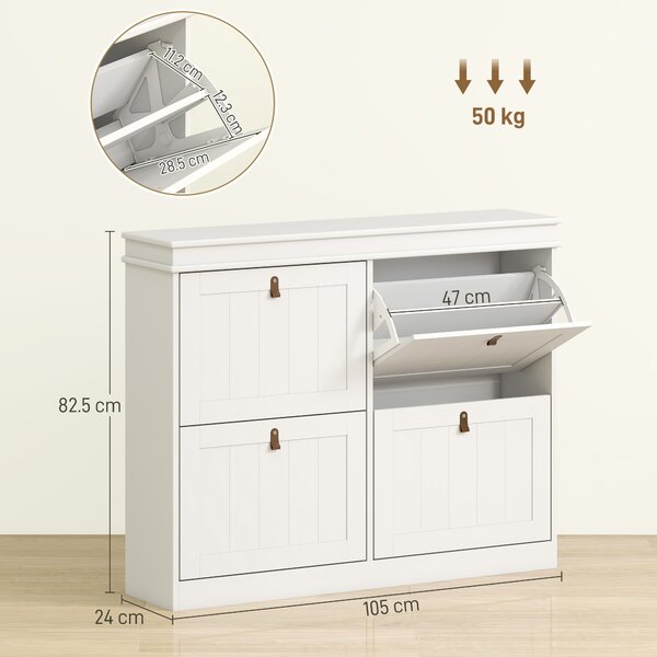 HOMCOM Slim Shoe Cabinet, Shoe Cabinet with 4 Drop-Down Drawers, 105W x 24D x 82.5H cm, White