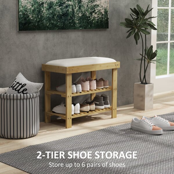 HOMCOM Bamboo Shoe Storage Bench, 3-Tier Shoe Bench with Seat Cushion, Shoe Rack for Entryway, Hallway, Living Room, Bedroom, Cream White