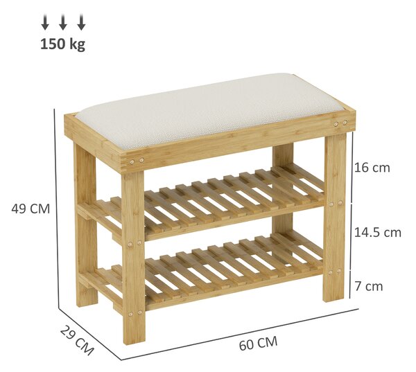 HOMCOM Bamboo Shoe Storage Bench, 3-Tier Shoe Bench with Seat Cushion, Shoe Rack for Entryway, Hallway, Living Room, Bedroom, Cream White