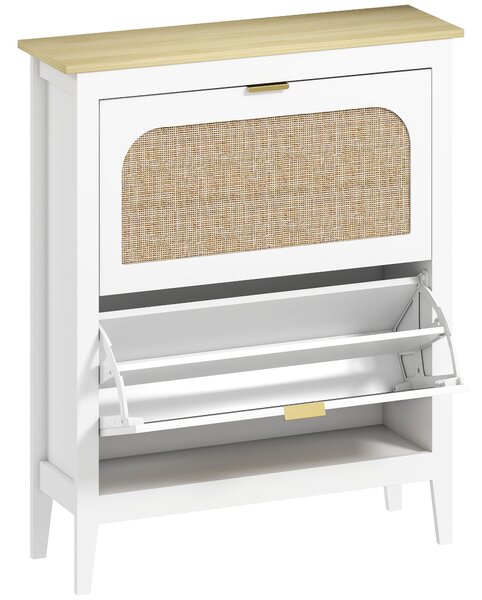 HOMCOM Narrow Shoe Cabinet, Boho Slim Shoe Storage Cabinet with 2 Flip Drawers, Holds 14 Pairs, White