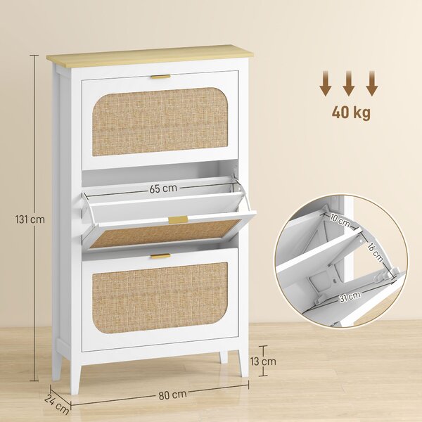 HOMCOM Narrow Shoe Cabinet, Boho Slim Shoe Storage Cabinet with 3 Flip Drawers, Holds 21 Pairs, White