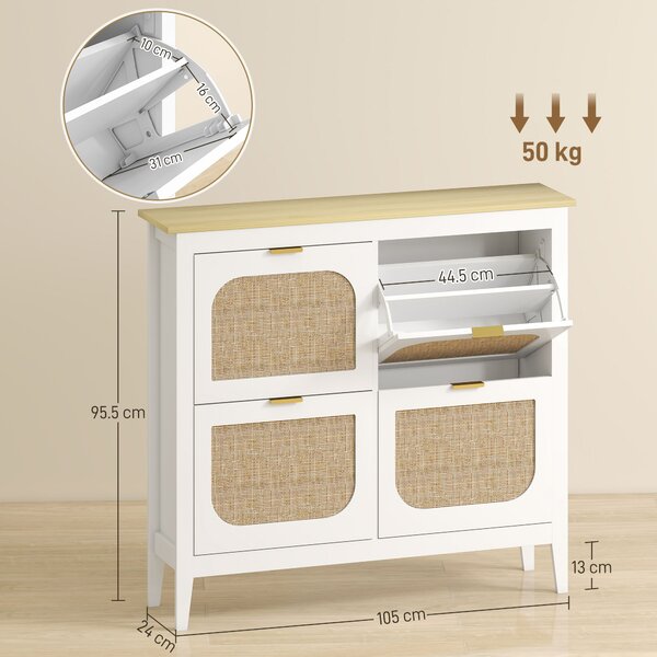 HOMCOM Narrow Shoe Cabinet, Boho Slim Shoe Storage Cabinet with 4 Flip Drawers, Holds 20 Pairs, White