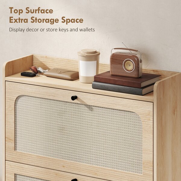 HOMCOM Shoe Cabinet with 2 Flip Drawers, Boho Narrow Shoe Storage Cabinet, Oak