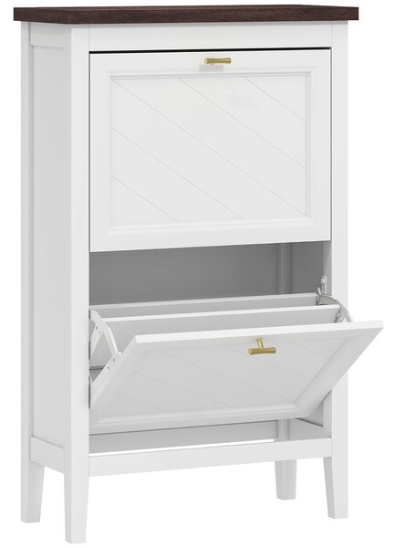 HOMCOM Shoe Cabinet with 2 Flip Drawers, Farmhouse Narrow Shoe Storage Cabinet with Adjustable Shelves, White