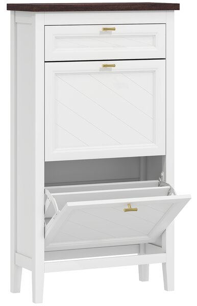 HOMCOM Shoe Cabinet with 2 Flip Drawers, Farmhouse Narrow Shoe Storage Cabinet with Adjustable Shelves, White