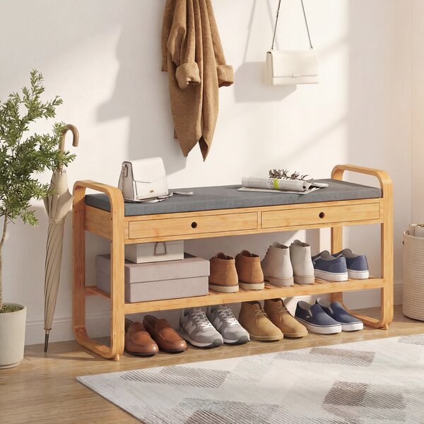 HOMCOM Shoe Bench with 2 Drawers Cushioned Seat Shoe Storage Bench for Hallway 105 cm Natural and Grey