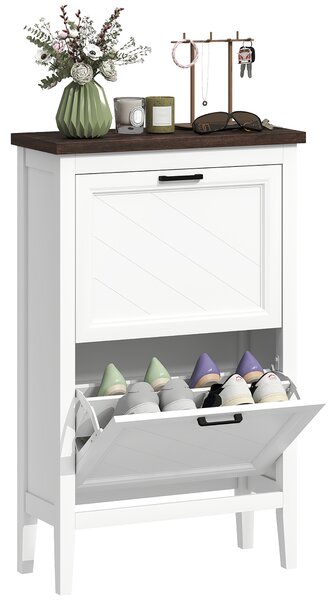 HOMCOM Shoe Cabinet with 2 Flip Drawers, Farmhouse Narrow Shoe Storage Cabinet with Adjustable Shelves, White