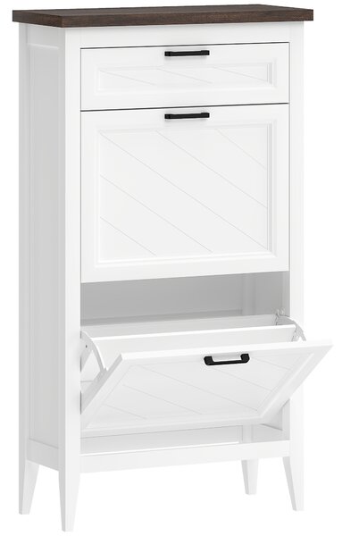 HOMCOM Shoe Cabinet with 2 Flip Drawers, Farmhouse Narrow Shoe Storage Cabinet with Adjustable Shelves, White