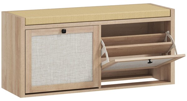 HOMCOM Rattan Shoe Bench with Padded Cushion and 2 Cabinets for Hidden Storage, Oak Wood Effect