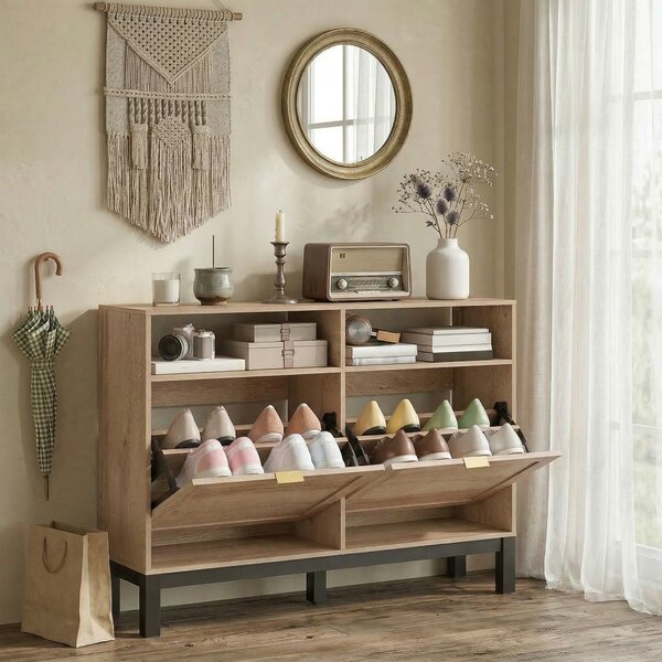 HOMCOM Shoe Cabinet with 2 Flip Drawers, Narrow Shoe Storage Top for Entryway Hallway, Walnut Brown