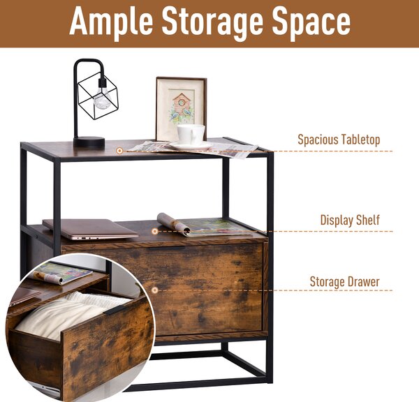 HOMCOM Industrial Side Table: Retro Steel-Frame Unit with Drawer, Open Shelf, Two-Tone Finish