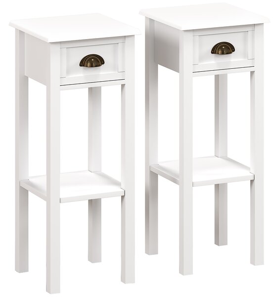HOMCOM 2-Tier Side Tables Set of 2 with Drawer and Shelf, 2 Pieces Bedside Tables for Living Room and Hallway, White