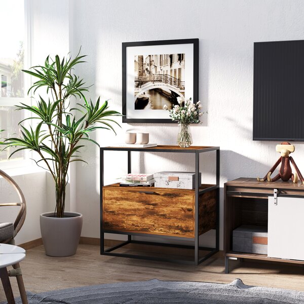 HOMCOM Industrial Side Table: Retro Steel-Frame Unit with Drawer, Open Shelf, Two-Tone Finish
