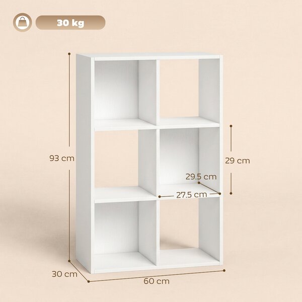 HOMCOM Industrial Style Storage Shelf, Bookcase, Bookshelf with 6 Compartments, for Living Room, Home Study, White Wood Effect