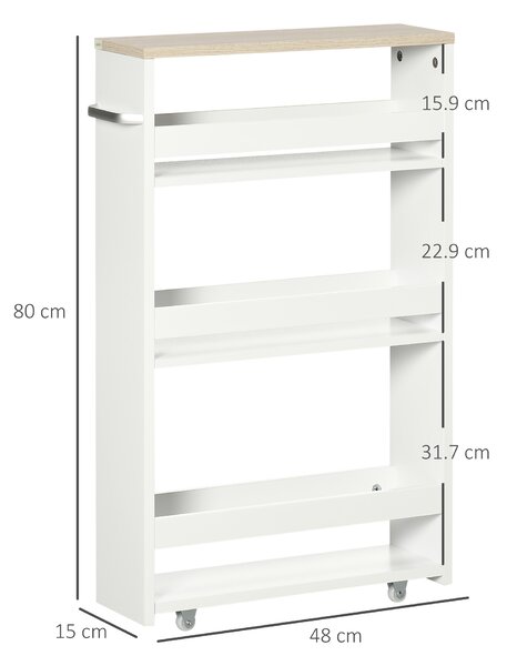 Kleankin Storage Cart, 4-Tier Compact Storage Trolley on Wheels and Handle, 48W x 15D x 80H cm, White