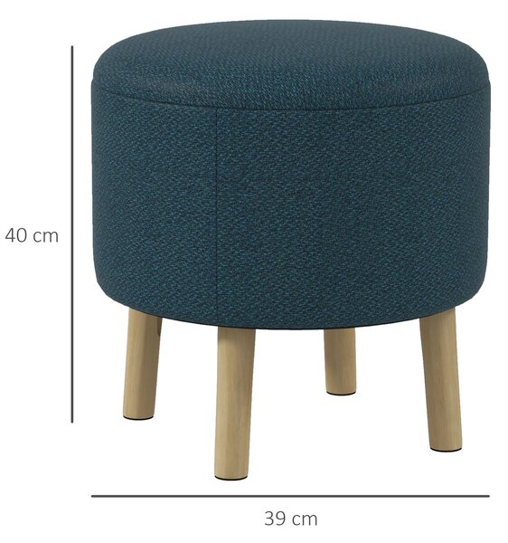 HOMCOM Round Ottoman, Linen Fabric Upholstered Footstool with Storage, Padded Seat & Wooden Legs, Blue