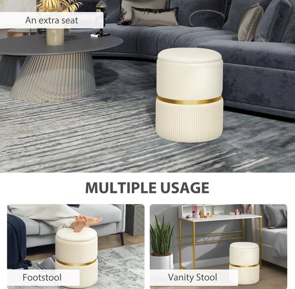 HOMCOM Round Storage Stool, Velvet-feel Fabric Upholstered Vanity Stool with Removable Top, Padded Seat and Hidden Space, Beige