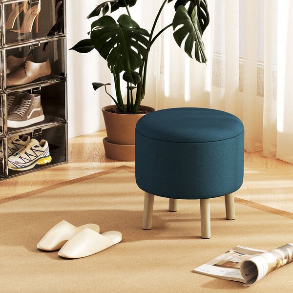 HOMCOM Round Ottoman, Linen Fabric Upholstered Footstool with Storage, Padded Seat & Wooden Legs, Blue