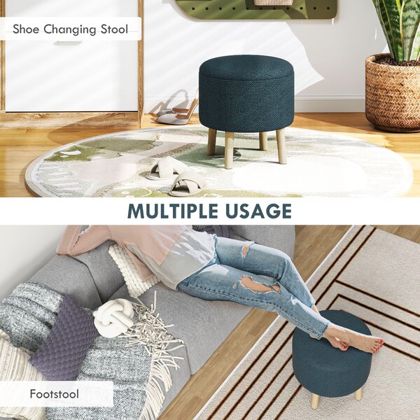 HOMCOM Round Ottoman, Linen Fabric Upholstered Footstool with Storage, Padded Seat & Wooden Legs, Blue
