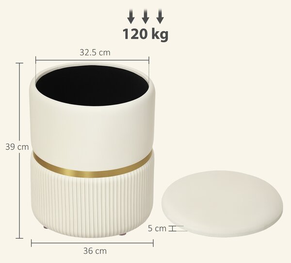HOMCOM Round Storage Stool, Velvet-feel Fabric Upholstered Vanity Stool with Removable Top, Padded Seat and Hidden Space, Beige
