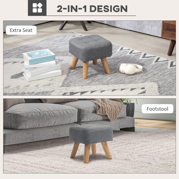 HOMCOM Modern Tufted Footstool, Fabric Foot Stool with Rubber Wood Legs, Padded Seat, for Living Room, Bedroom, Entryway, Grey Aosom UK